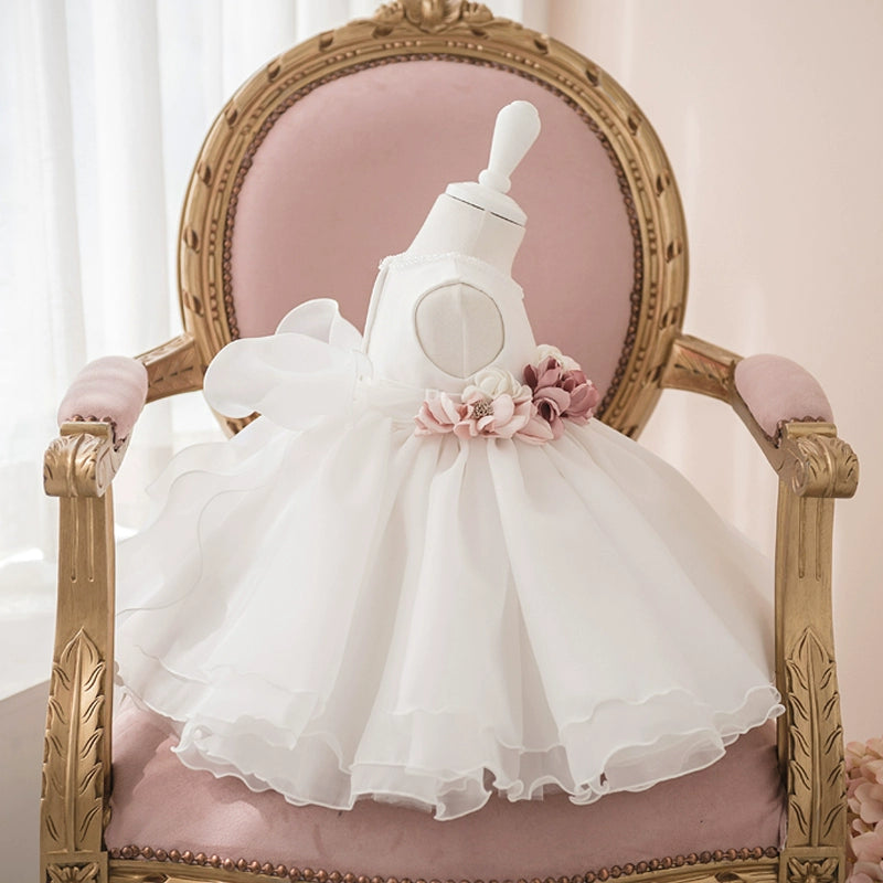 White Princess Round Tea Length Organza Flower Girl Dress for Weddings & Special Occasions