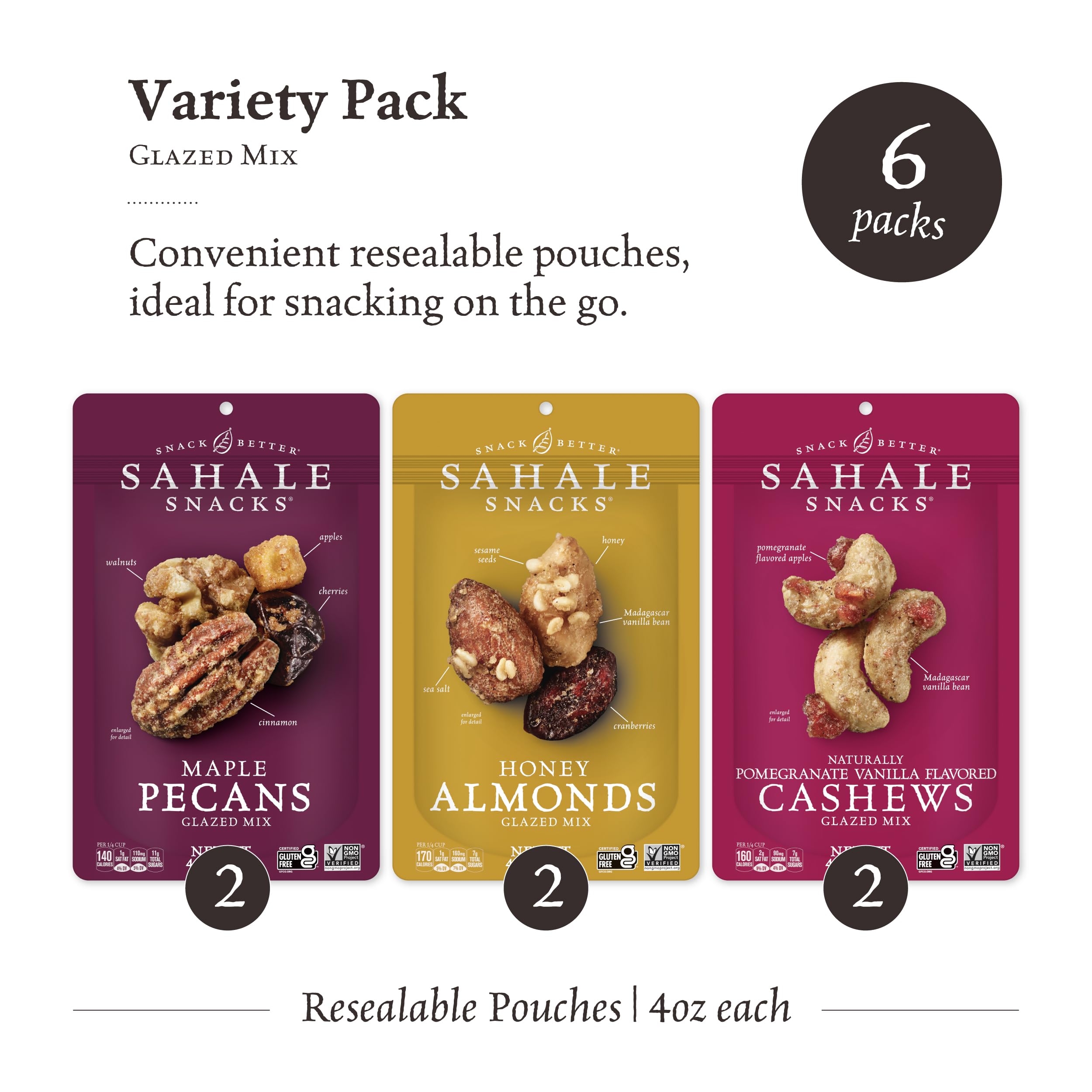 Sahale Snacks Glazed Nut Mix Variety Pack - 4oz (6 Pack) | Gourmet Almonds, Cashews & Pistachios | Healthy Snacks for Office, Travel & Gifts