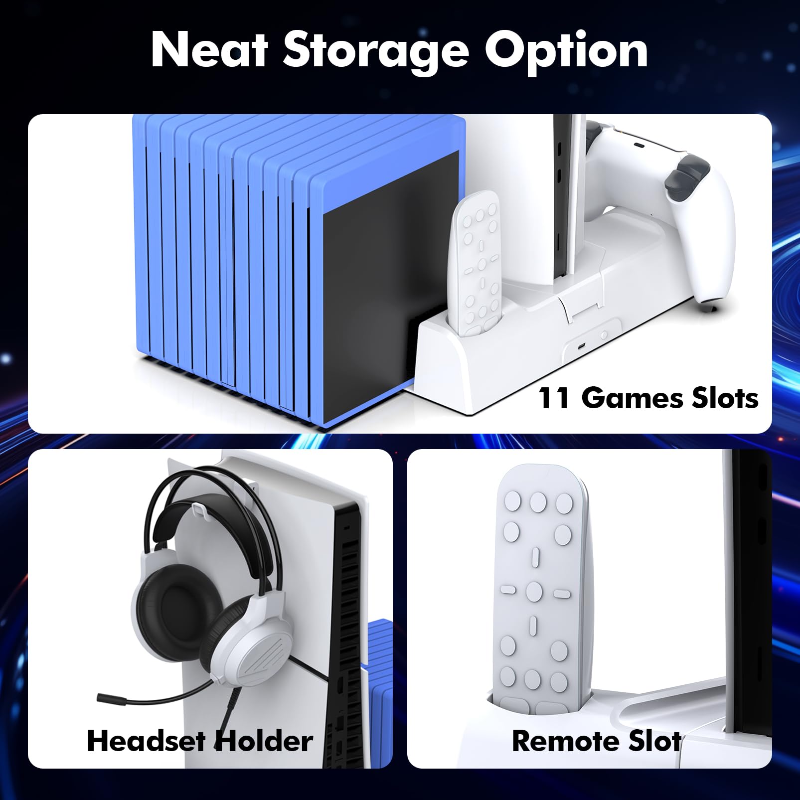 PS5 Slim & PS5 Cooling Stand with Dual Controller Charger - White Cooling Fan Station for PlayStation 5 Console | Includes Headset Holder & 11 Game Storage Slots | Perfect for Gaming Setups & Entertainment Centers