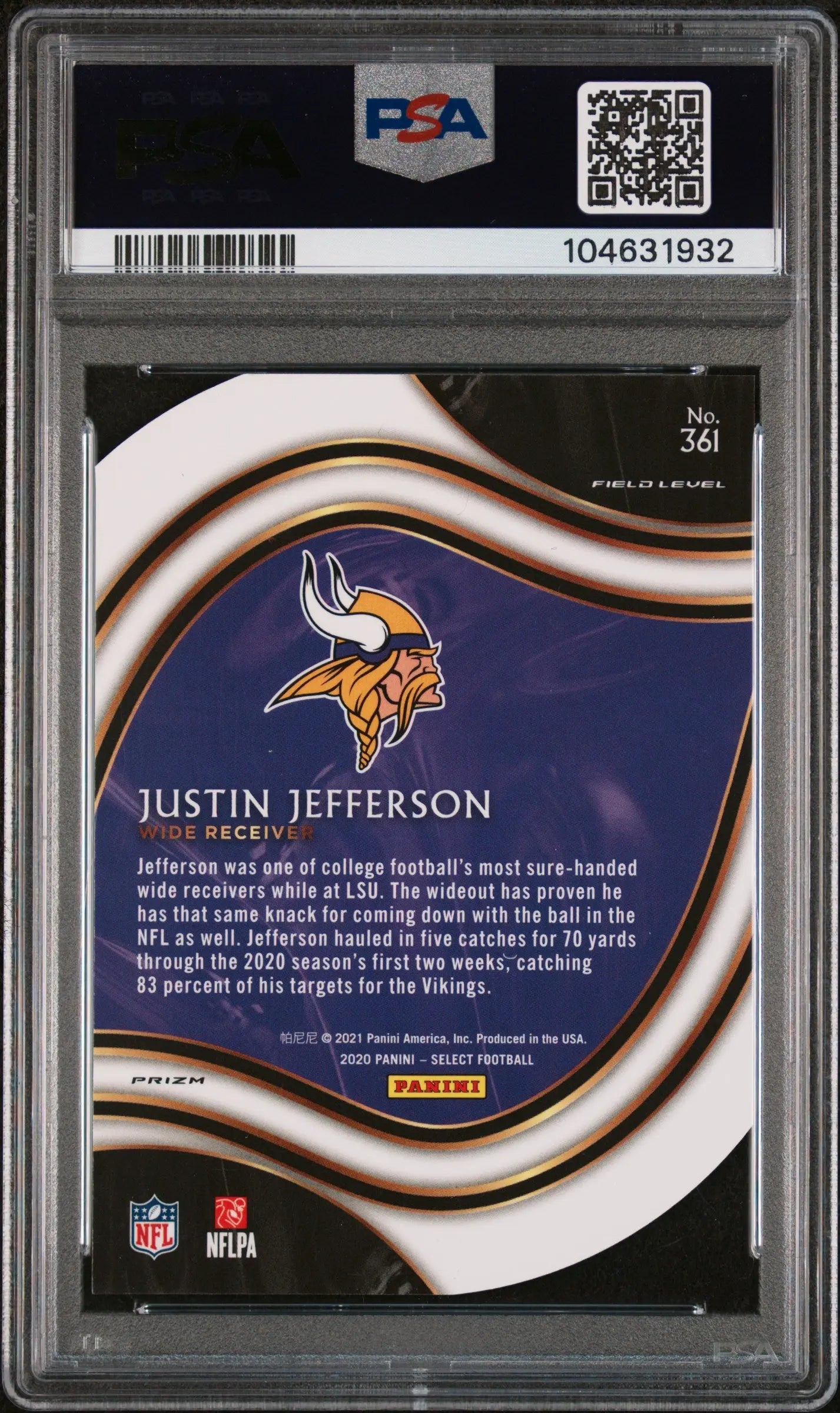2020 Panini Select Justin Jefferson Rookie Card Neon Green Die Cut PSA 10 Gem Mint - Perfect for NFL Collectors & Sports Memorabilia Displays
