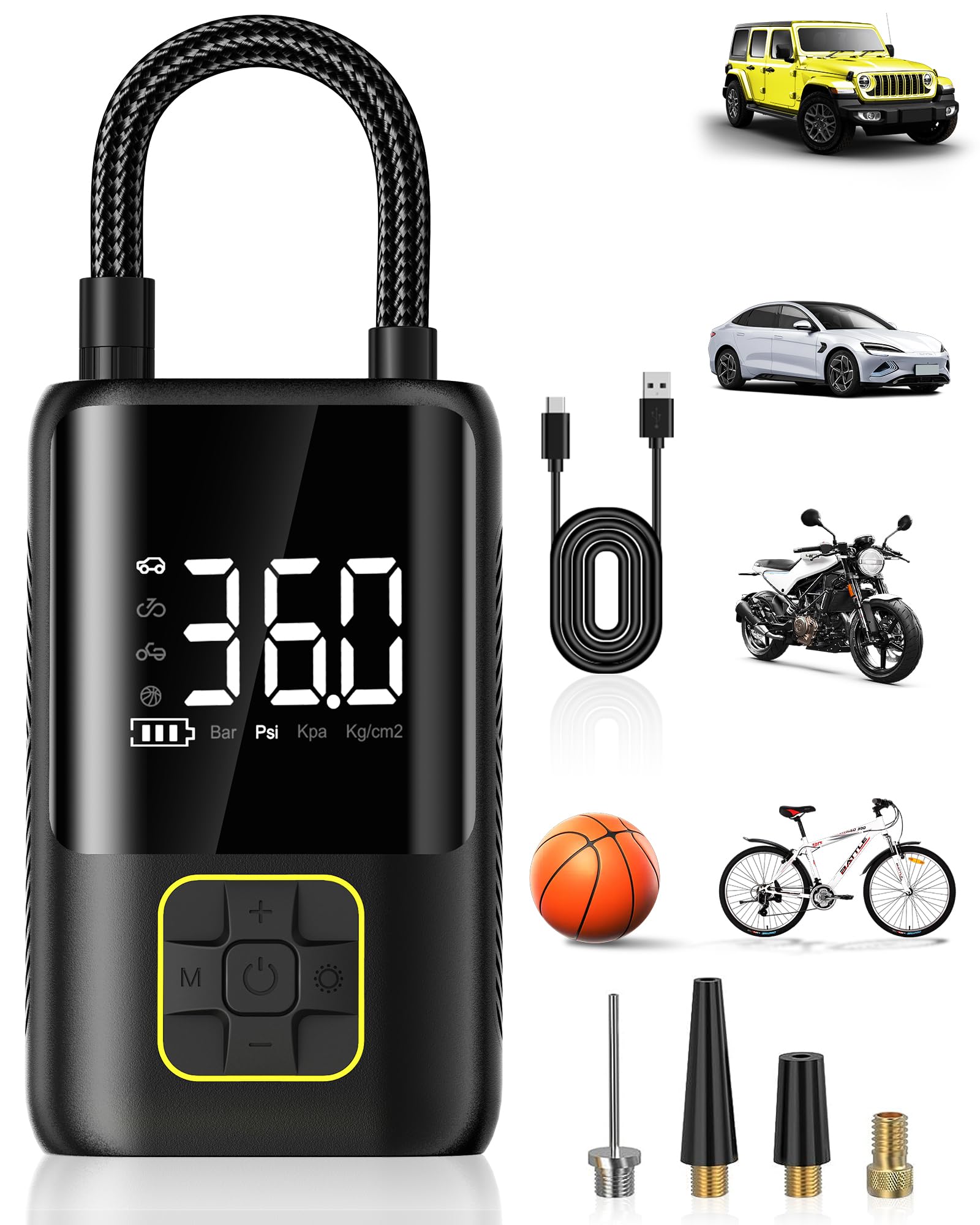 Portable Tire Inflator Air Compressor - 150PSI Digital Air Pump for Car, Motorcycle, Bike Tires with Pressure Gauge | Fast Inflation for Road Trips, Emergency Flat Tires & Home Garage Use