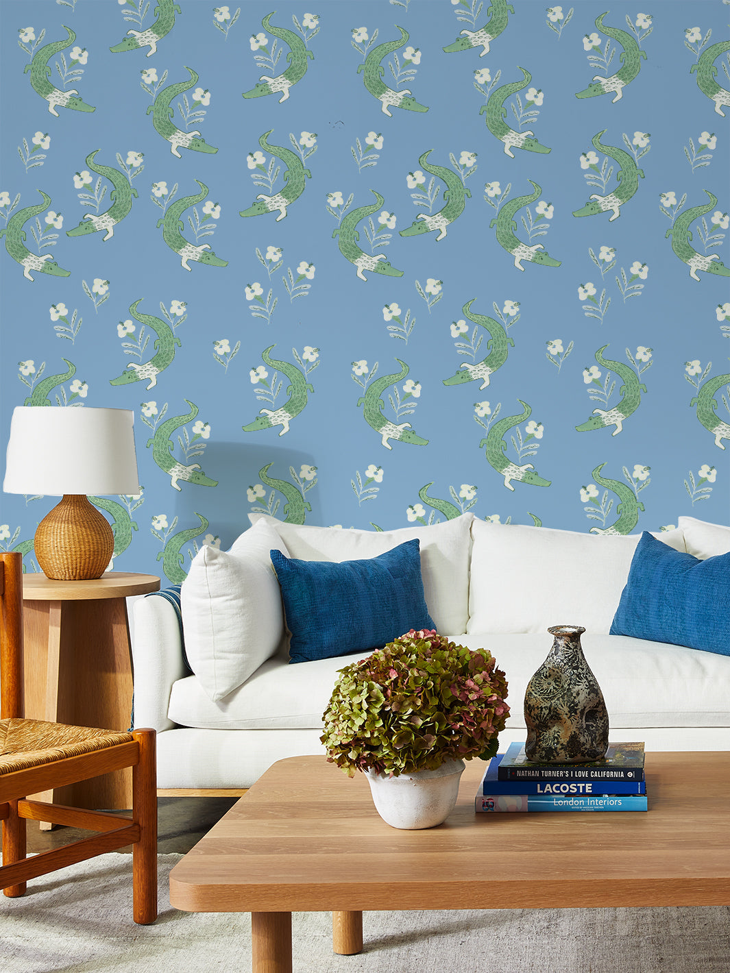 Gator Garden Wallpaper by Tea Collection - Cornflower Blue Floral Design for Nursery, Kids Room & Playroom Decor