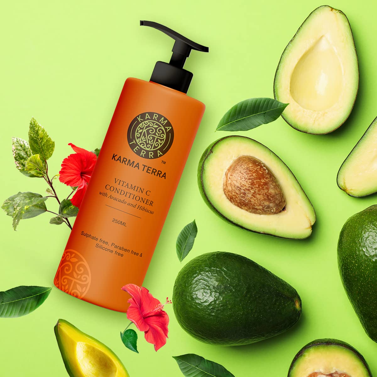 KARMA TERRA Professional Hair Conditioner with Avocado & Hibiscus - Hair Fall Control, Damage Repair, Ultra Smoothing & Frizz Free for Men & Women (250ml) - Perfect for Dry, Damaged Hair & Daily Hair Care Routine