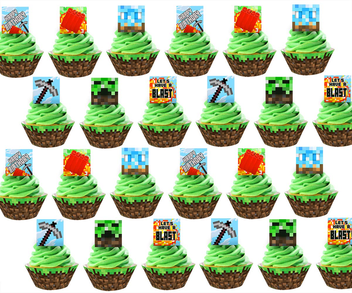48-Piece Pixel Cupcake Toppers and Wrappers Set - 24 Toppers & 24 Wrappers - Pixel Party Decorations for Birthday, Baby Shower & Game Themed Events - Perfect for Minecraft, Video Game & 8-Bit Parties