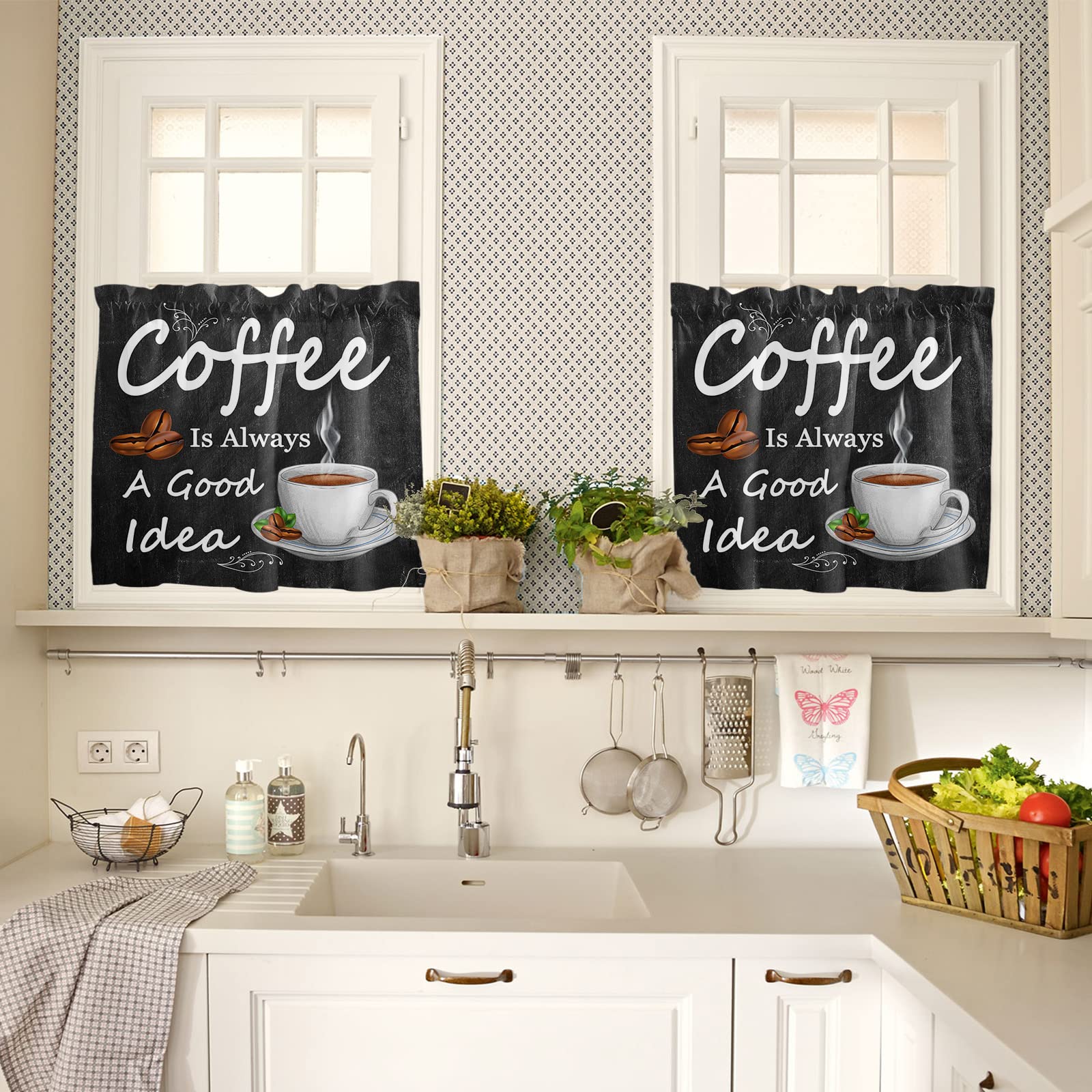 3-Piece Coffee Theme Kitchen Curtains Set with Valances, Farmhouse Style Rod Pocket Soft Washable Window Curtains for Cozy Kitchen Decor