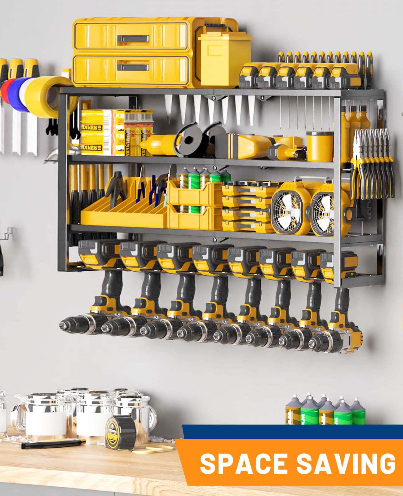Wall Mount Power Tool Organizer with 4 Tiers & 8 Drill Holders - Heavy Duty Garage Tool Storage Rack for Drills, Wrenches & Screwdrivers - Perfect Workshop Organization & DIY Gift for Men, Husband, Father - Ideal for Garage, Shed & Home Improvement Projects
