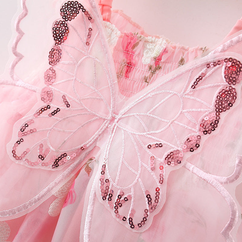 Baby Girl Embroidered Mesh Butterfly Wings Dress - Cute Floral Party Outfit for Photoshoots, Birthday & Special Occasions