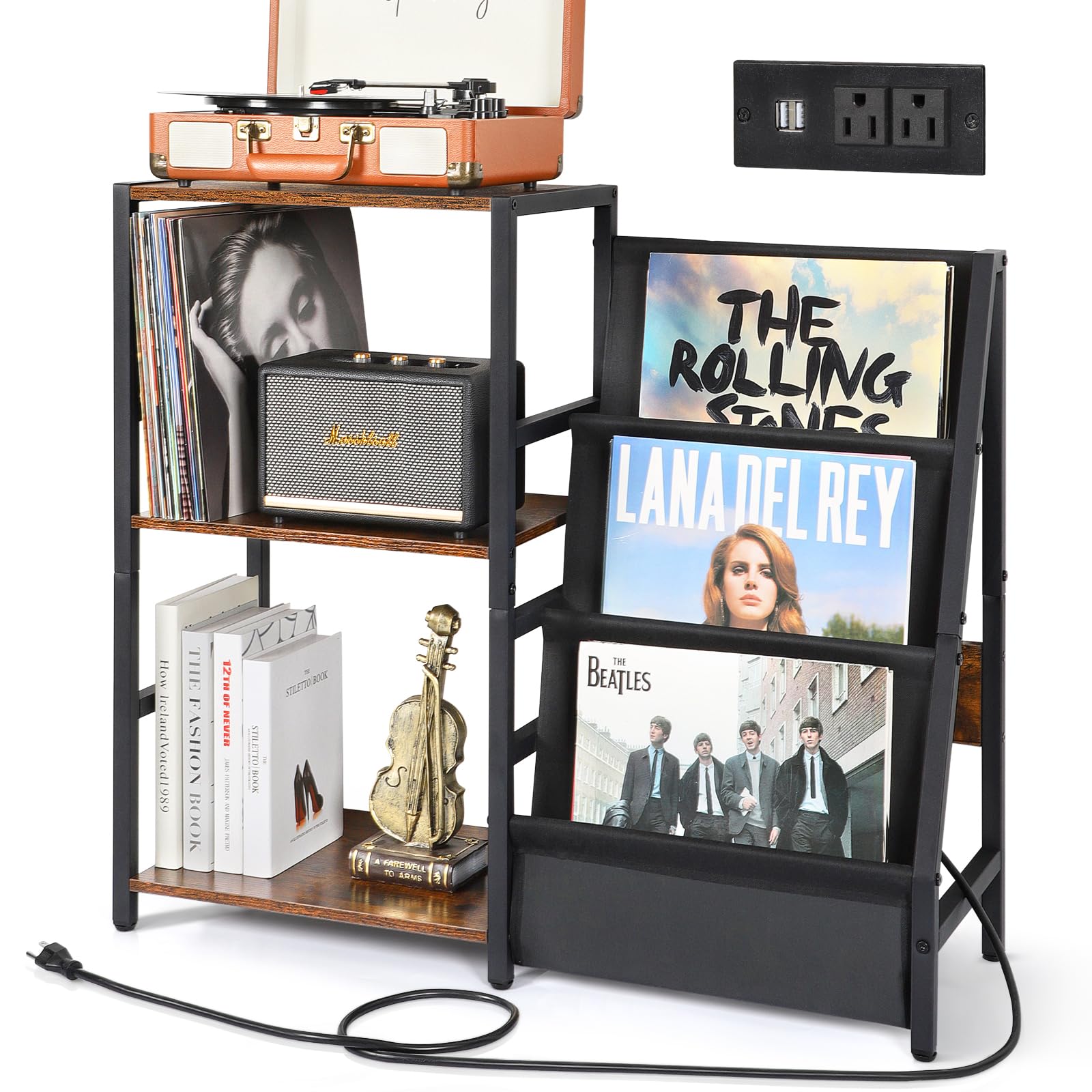 Bikoney 3-Tier Vinyl Record Player Stand with Power Outlet - Turntable Storage Cabinet Holds 200+ Albums, Vinyl Record Shelf & Holder for Living Room, Bedroom & Home Theater