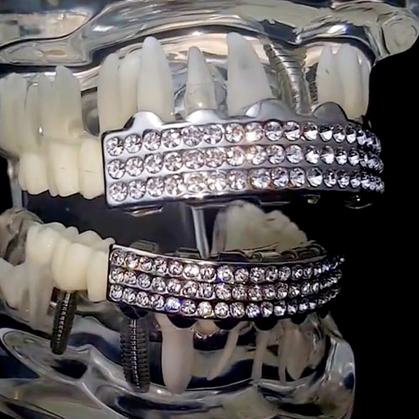 3 Row Silver Tone Iced Grillz Set - Top & Bottom Teeth Grills for Hip Hop Style | Perfect for Rappers, Performers, and Party Wear