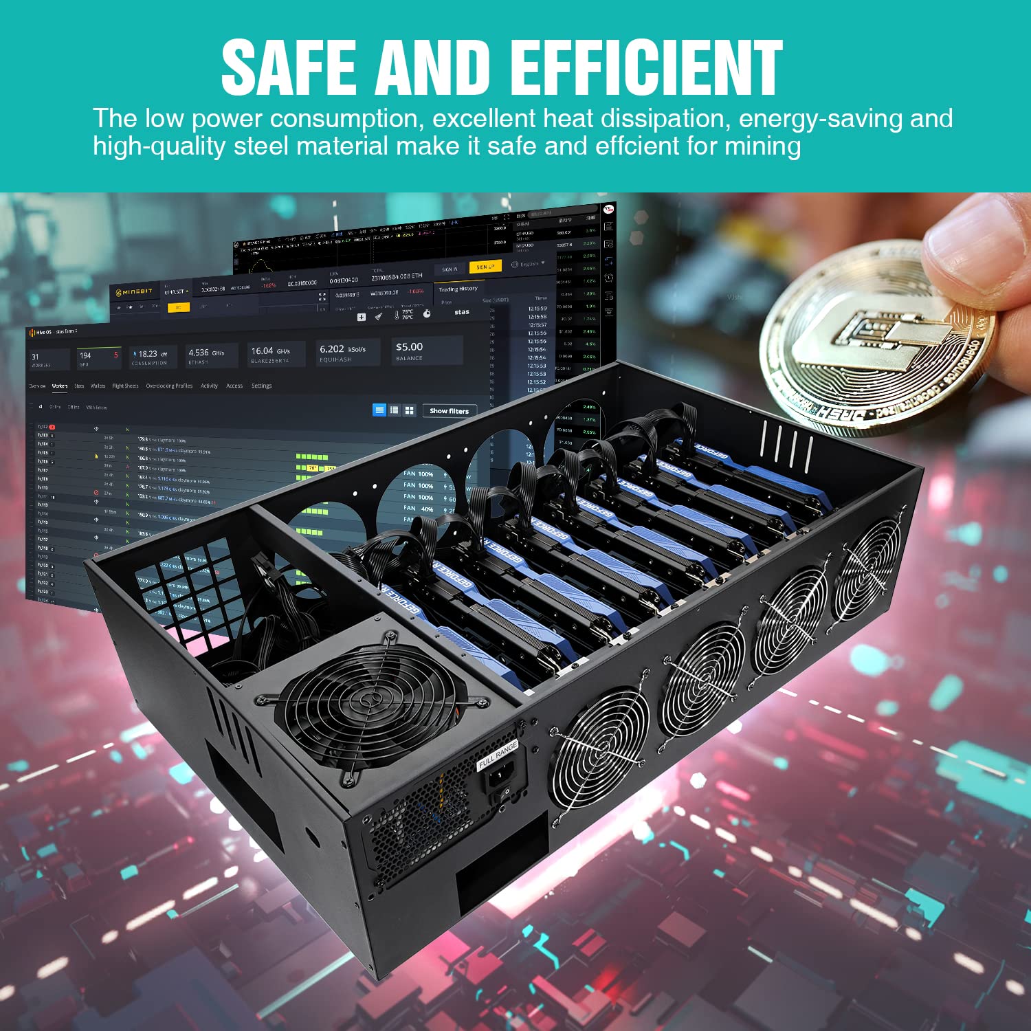 Durable Mining Rig Frame Case with Motherboard, CPU, 4GB RAM & 4X 120mm Fans - Supports 8 Adjustable Speed Fans & GPU for ETH/ETC/ZEC Mining (PSU & GPU Not Included) - Perfect for Crypto Mining Setup & Home Mining Rigs