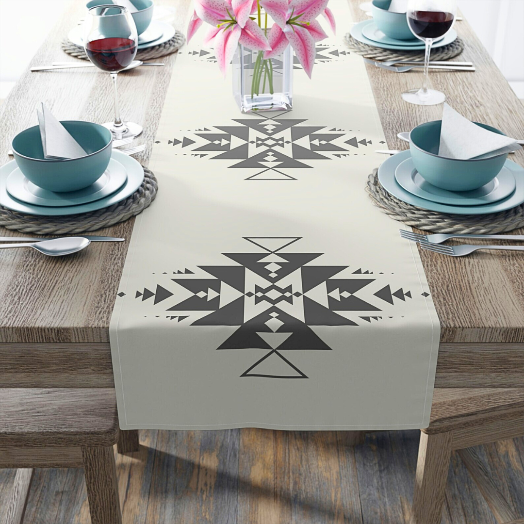 Southwestern Table Runner - Beige & Dark Gray Striped Cotton Table Decor for Dining Room, Kitchen, or Wedding - 12x72 & 16x90 Inches