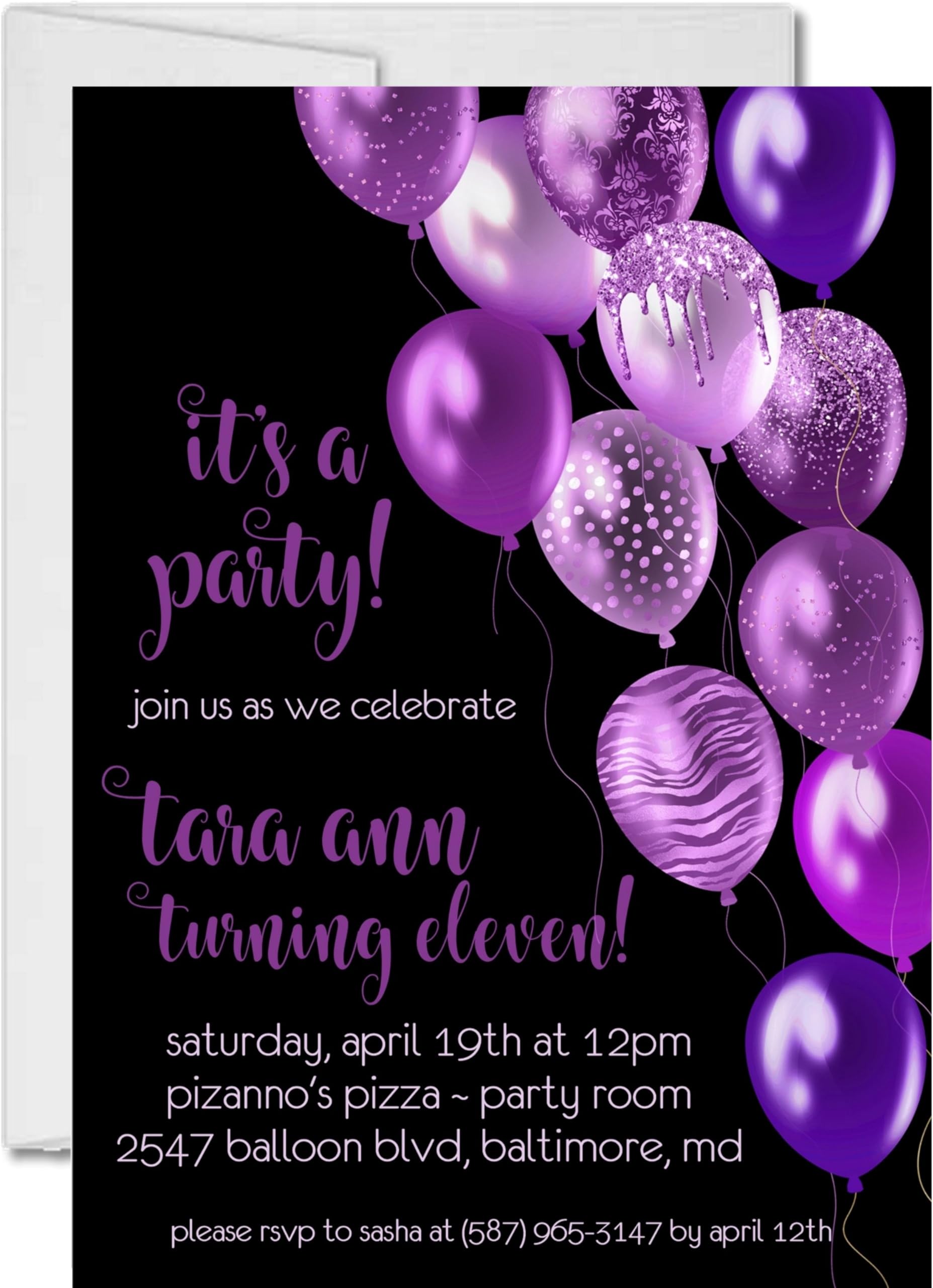 Elegant Purple and Black Birthday Party Invitations with Matching Envelopes - Perfect for Adult Milestone Birthdays, Anniversary Celebrations & Formal Events