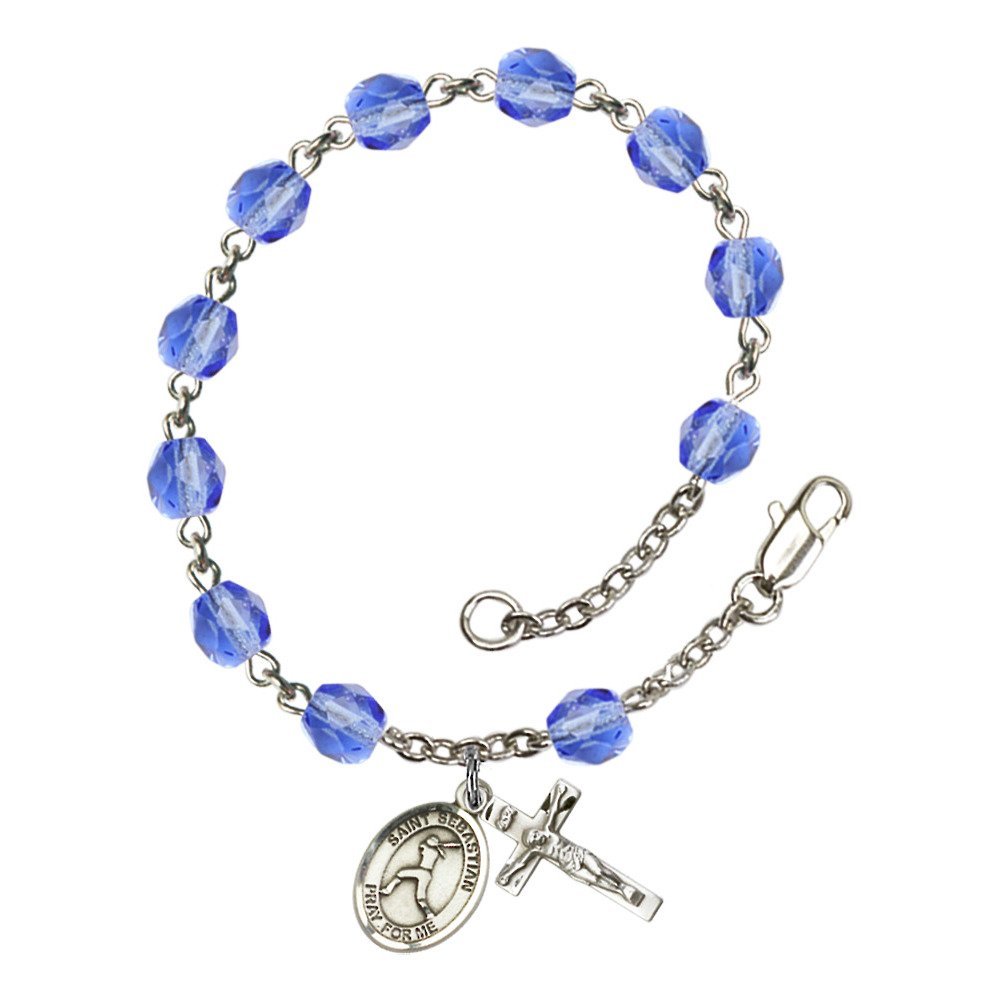 Bonyak Jewelry St. Sebastian Softball Rosary Bracelet - 6mm Fire Polished Beads in 12 Birthstone Colors | Sterling Silver Plated Catholic Jewelry for Athletes, Sports Enthusiasts & Religious Gifts