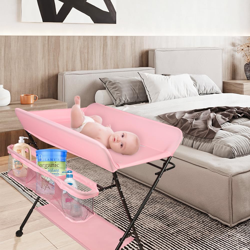 Adjustable Height Folding Baby Changing Table with Storage Basket & Wheels - Portable Nursery Diaper Station for Newborns & Toddlers (Pink) - Perfect for Small Spaces, Daycare & Travel Use