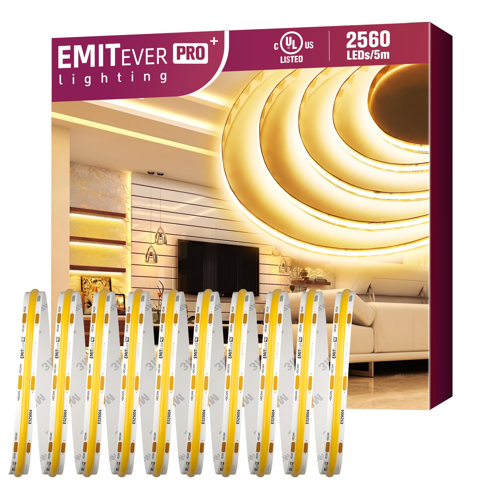 EMITEVER COB LED Strip Lights Warm White 3000K - High Density 360+ Lumens/ft, 2560 LEDs/5m Spool, 90+ CRI, 24V DC, UL Listed - Perfect for Home Kitchen Lighting, Bedroom Accent, and Commercial Display (Power Supply Sold Separately)