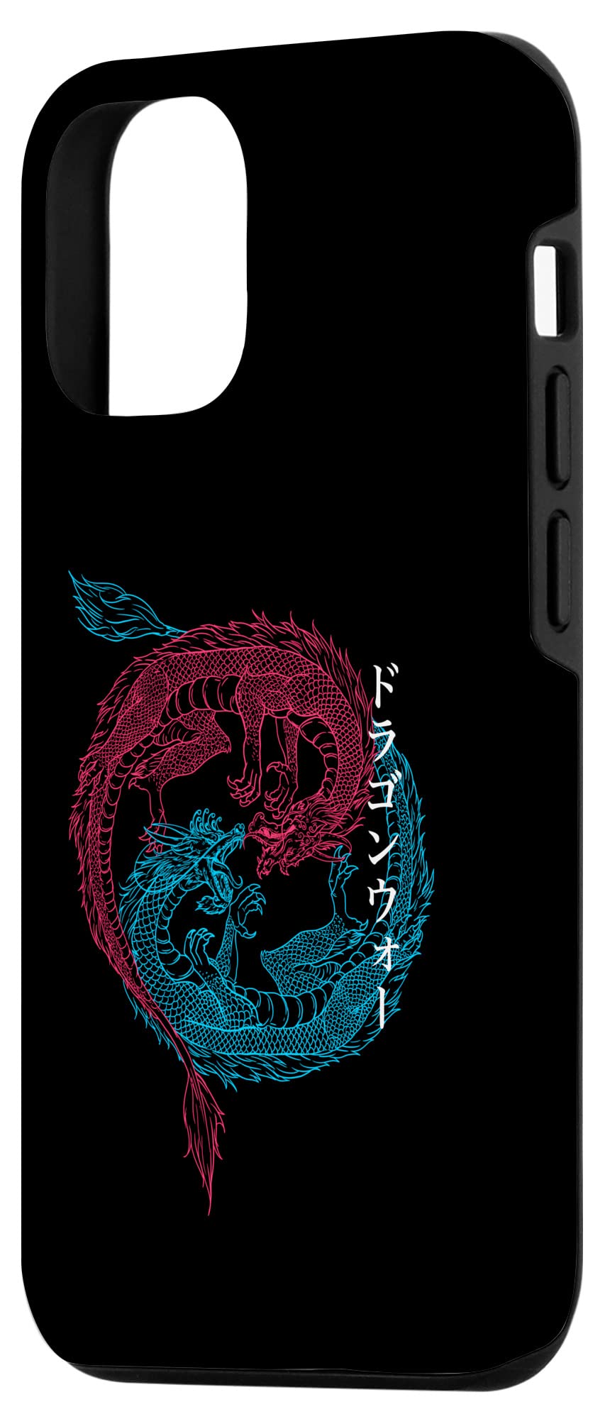 iPhone 12/12 Pro Case - Red & Blue Japanese Dragon Design with Yin Yang Kanji Writing | Stylish Protective Cover for Daily Use & Travel
