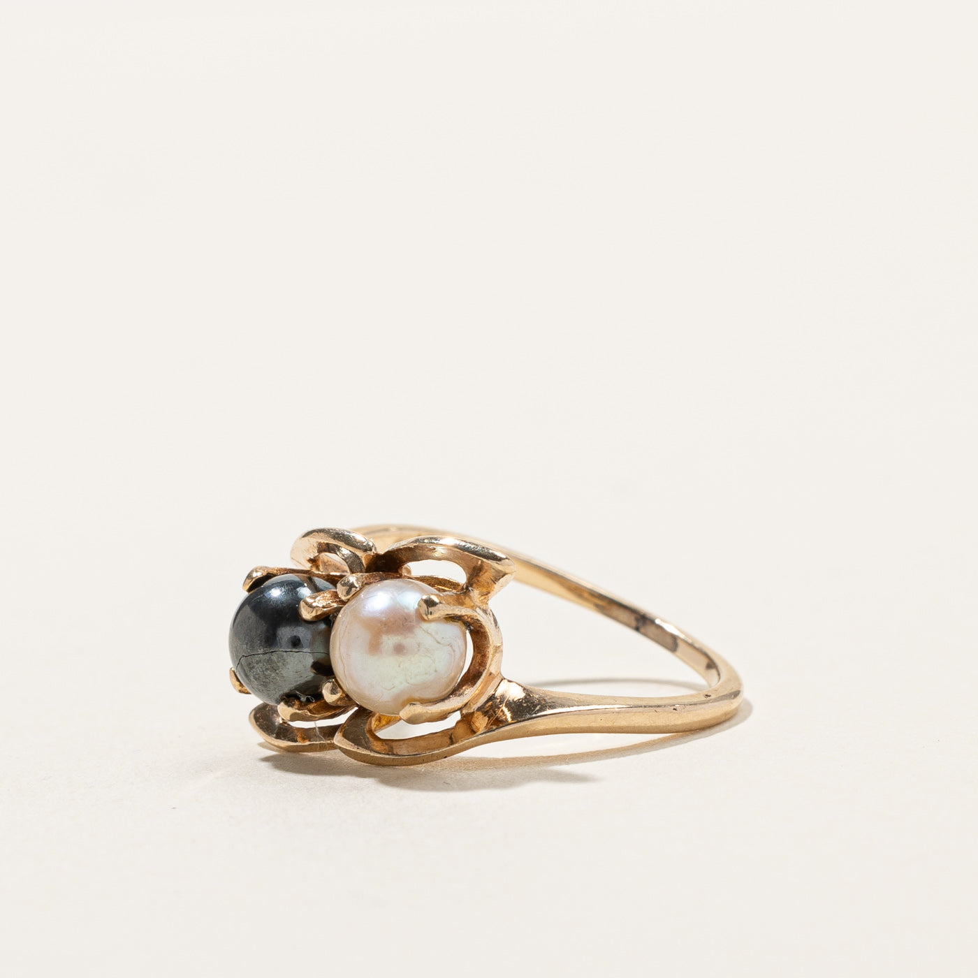Bypass Pearl & Hematite Ring for Women - Size 5.5 - Elegant Stackable Jewelry for Everyday Wear, Gift Giving & Special Occasions