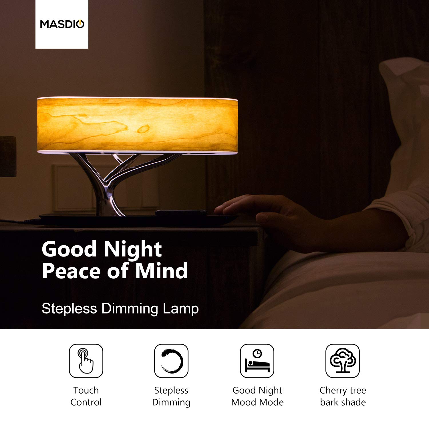AMPULLA Masdio Bluetooth Speaker Bedside Lamp with Wireless Charger - Adjustable Dimmable Table Lamp for Bedroom, Desk, Nightstand - Sleep Mode & Stepless Dimming for Relaxation & Reading