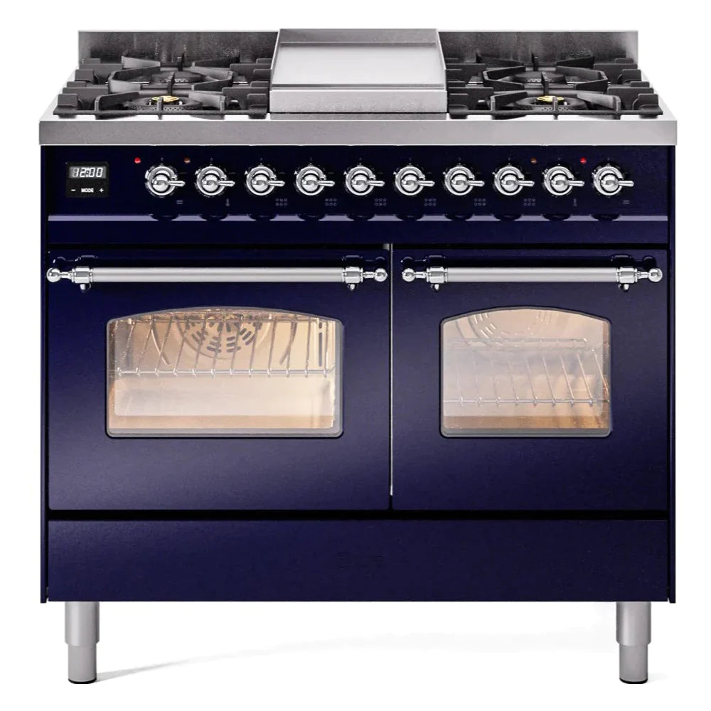 ILVE 40 Nostalgie II Series Freestanding Double Oven Dual Fuel Range - 6 Sealed Burners & Griddle - Professional Gas & Electric Range for Home Kitchen - Perfect for Baking, Roasting & Family Cooking (Model UPD40FNMP)