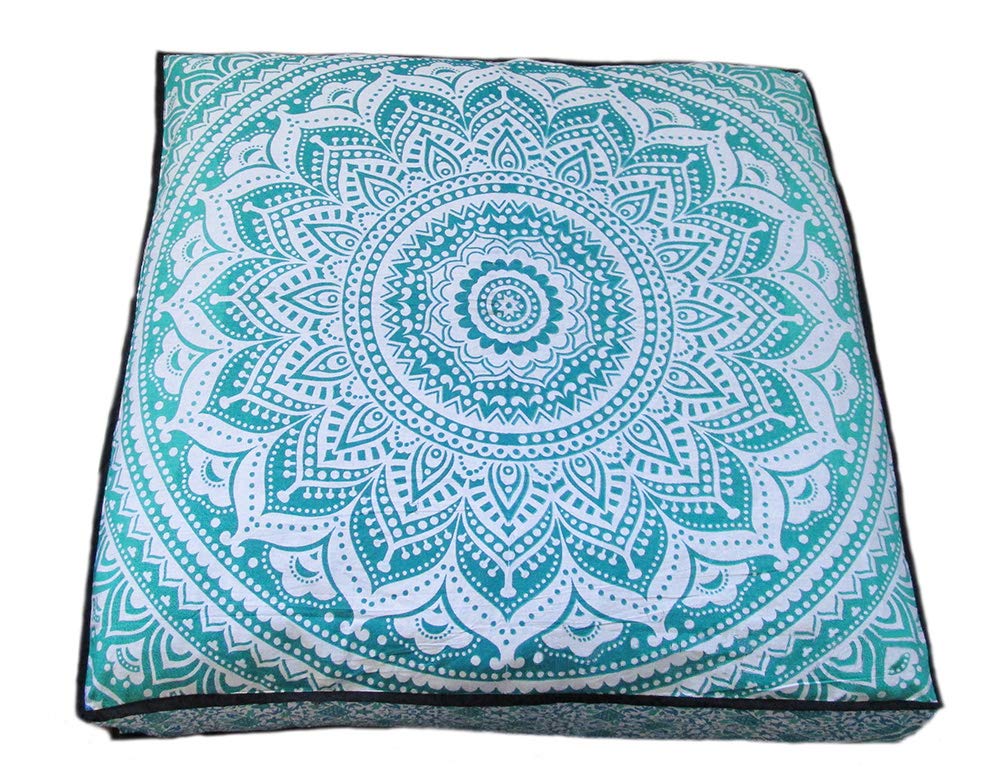 Large Square Floor Pillow Cover - Cotton Mandala Cushion with Zipper for Home Decor & Pet Bed (35