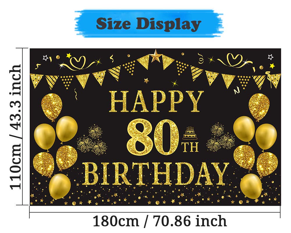 Trgowaul 80th Birthday Backdrop - Gold & Black 5.9x3.6ft Photography Background for Women & Men - Perfect for Birthday Party Decorations, Photo Shoots & Milestone Celebrations