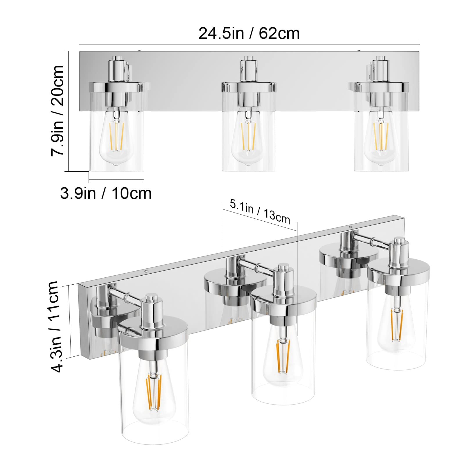 **Aipsun Chrome Vanity Light for Bathroom - 3 Light Farmhouse Style Bathroom Lighting Fixture with Clear Glass Shade (Bulbs Not Included) - Perfect for Over Mirror, Dressing Room, and Modern Home Decor**