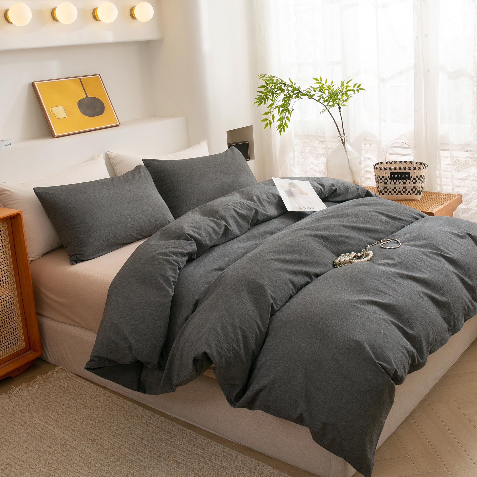 ECOCOTT King Size Grey Duvet Cover Set - 100% Washed Cotton, Ultra Soft & Breathable with Zipper Closure & 2 Pillowcases - Easy Care Simple Style Bedding for Cozy Sleep (Dark Grey) - Perfect for Master Bedroom, Guest Room & Airbnb