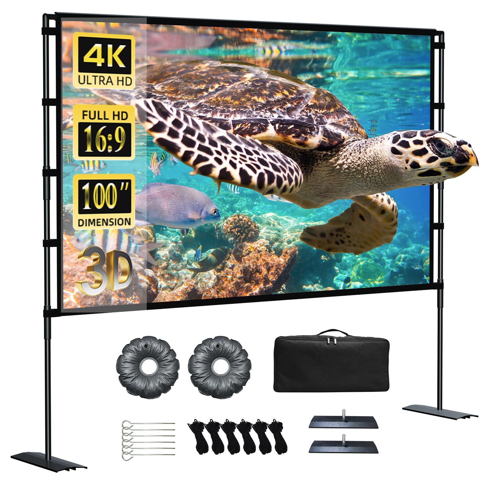 100 Inch Portable Projector Screen with Stand - 16:9 HD 4K Front/Rear Projection Movie Screen with Carry Bag for Indoor Outdoor Home Theater, Backyard Cinema, Travel & Camping Entertainment