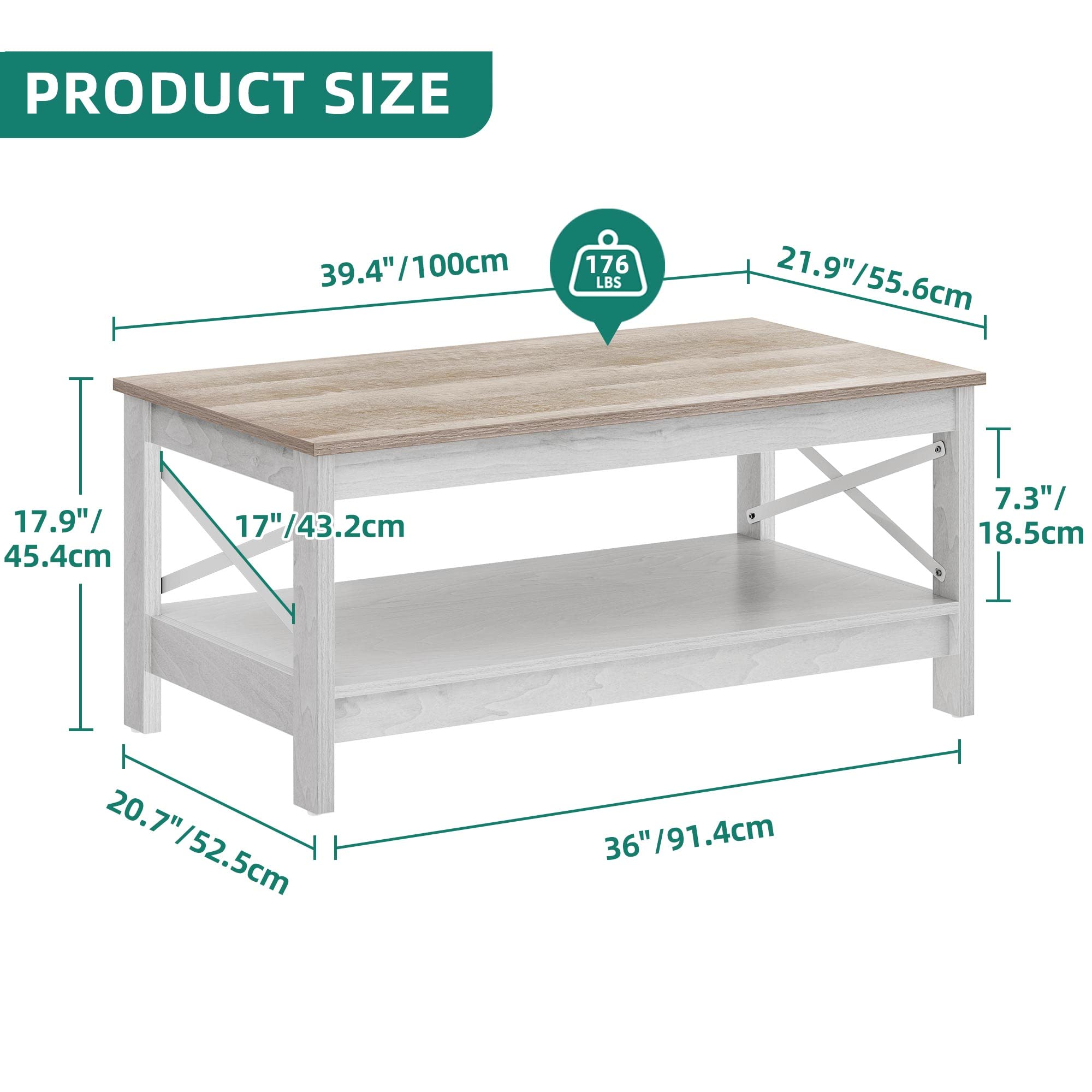 Modern Farmhouse Coffee Table with Storage - 2-Tier Wooden Living Room Center Table, Grey Wash, Sturdy Frame | Accent Cocktail Table for Living Room, Farmhouse Decor, Small Space Furniture