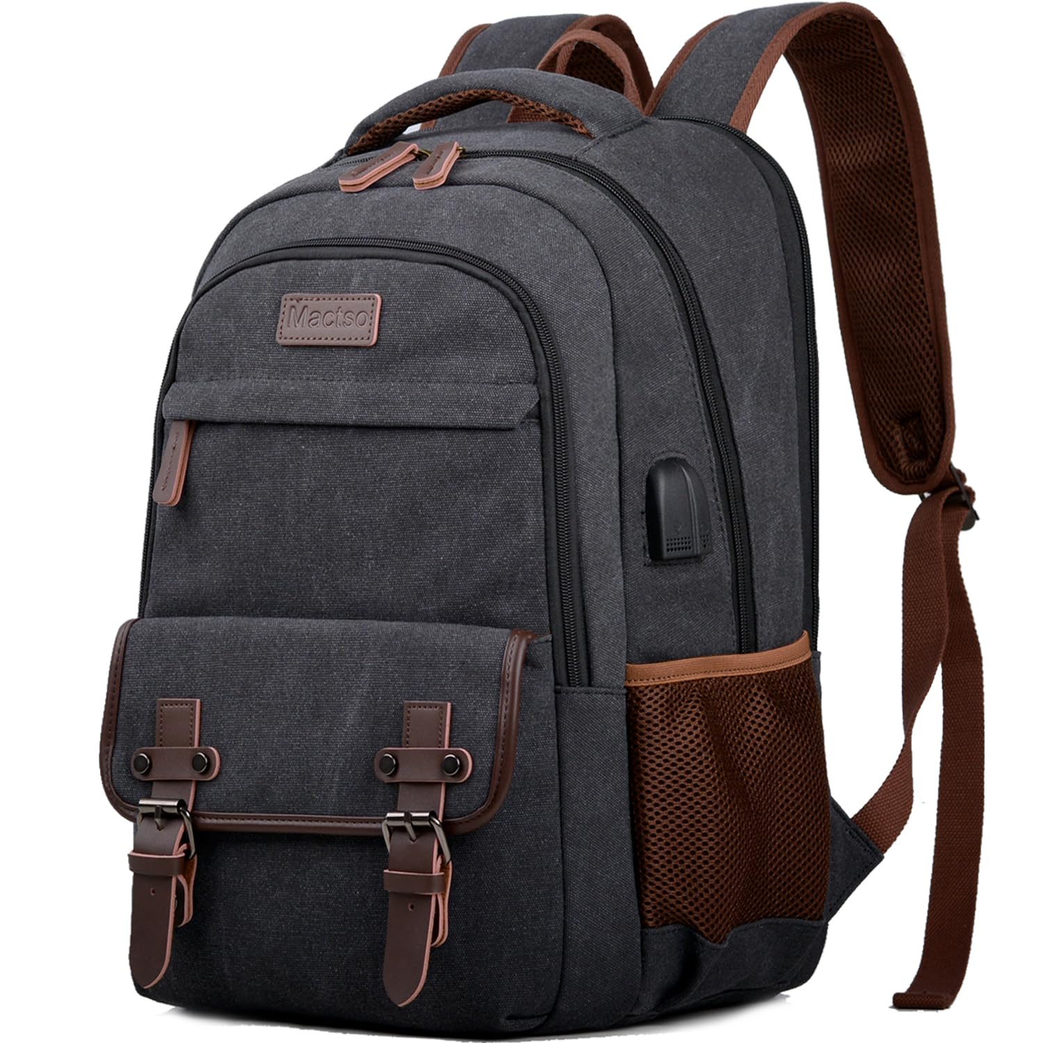 Mactso 17.3 Inch Canvas Laptop Backpack for Men & Women - Business Travel, College & Work Computer Bag with USB Charging Port - Fits 17.3 Inch Notebook (Black) | Perfect for Commuting, School & Business Trips