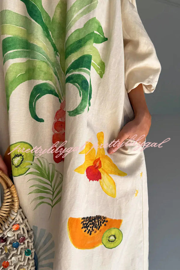 Sunveil Linen Blend Floral Print Puff Sleeve Strapless Maxi Dress with Pockets - Perfect for Beach Weddings, Summer Vacations & Boho Fashion