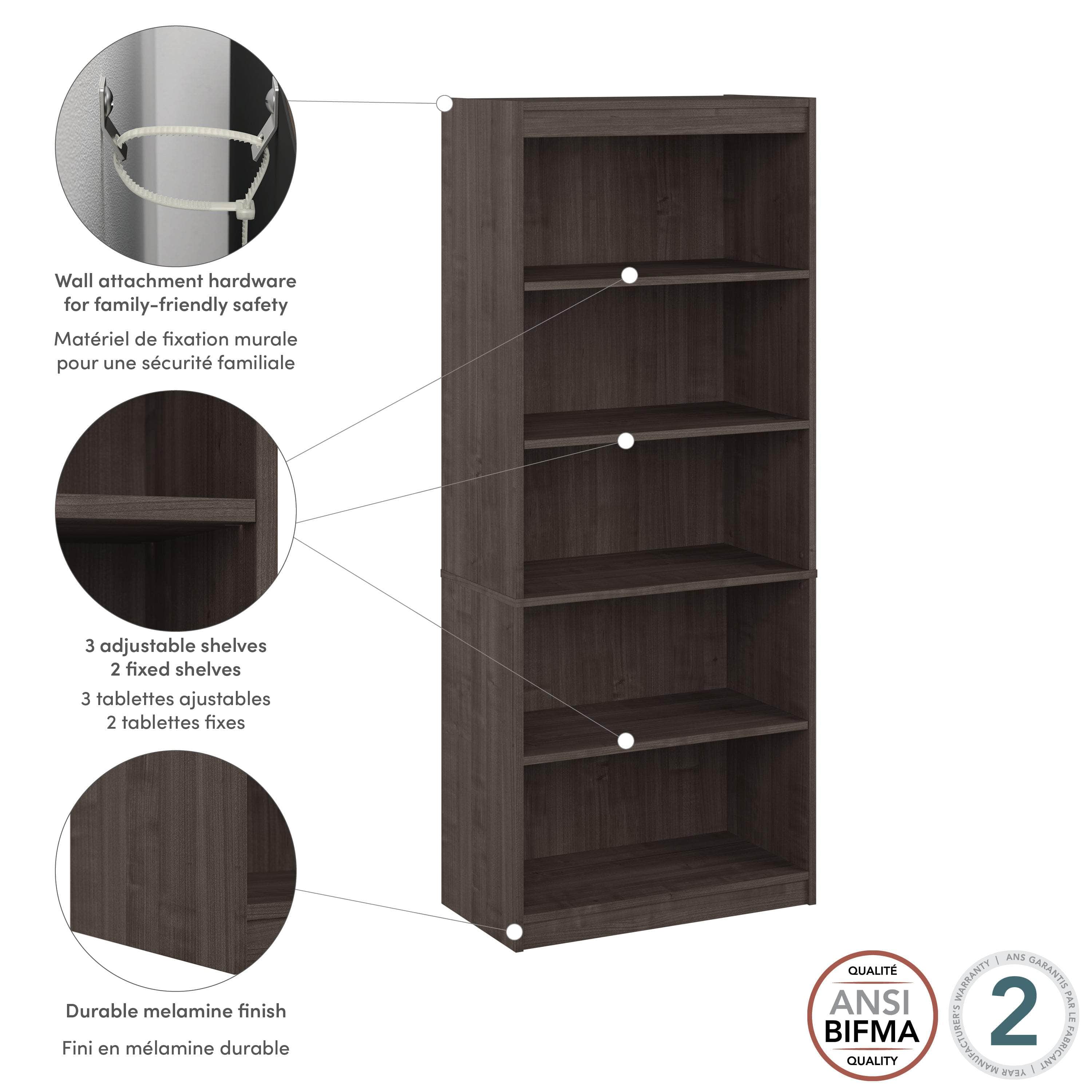 Ridgeley 30W 5-Tier Bookshelf - White, Black & Walnut Finish | Space-Saving Bookcase for Living Room, Office & Bedroom Storage