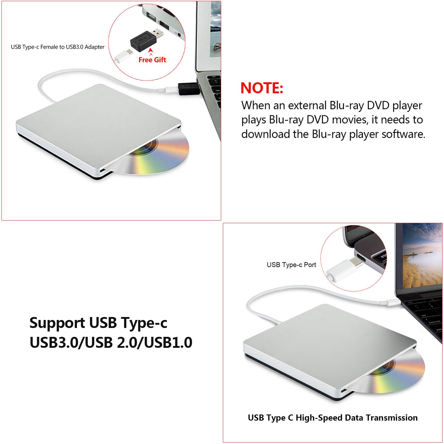 External Blu-Ray DVD CD Drive USB 3.0 & Type-C - Portable BD-ROM Player/Burner for Laptop Desktop PC - Watch Movies & Backup Files (Silver)