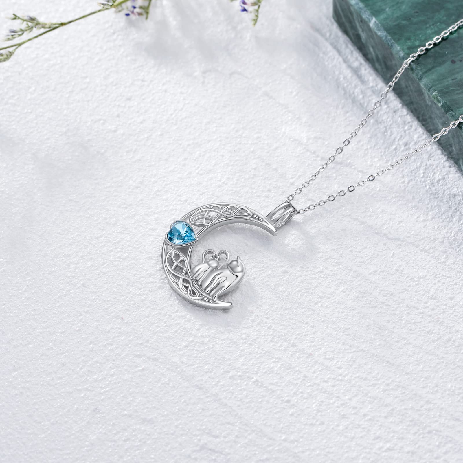 925 Sterling Silver Cat Necklace with Blue Crystal - Moon Cat Pendant Jewelry for Women, Perfect Gift for Cat Lovers, Mothers & Daughters | Elegant Everyday Wear, Birthday Present & Special Occasion Gift