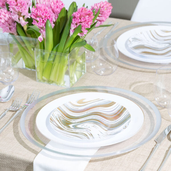 32-Piece Gold and Silver Round Plastic Dinnerware Set for 16 Guests - Elegant Disposable Plates, Forks, Knives & Spoons - Perfect for Weddings, Parties, BBQs & Outdoor Events