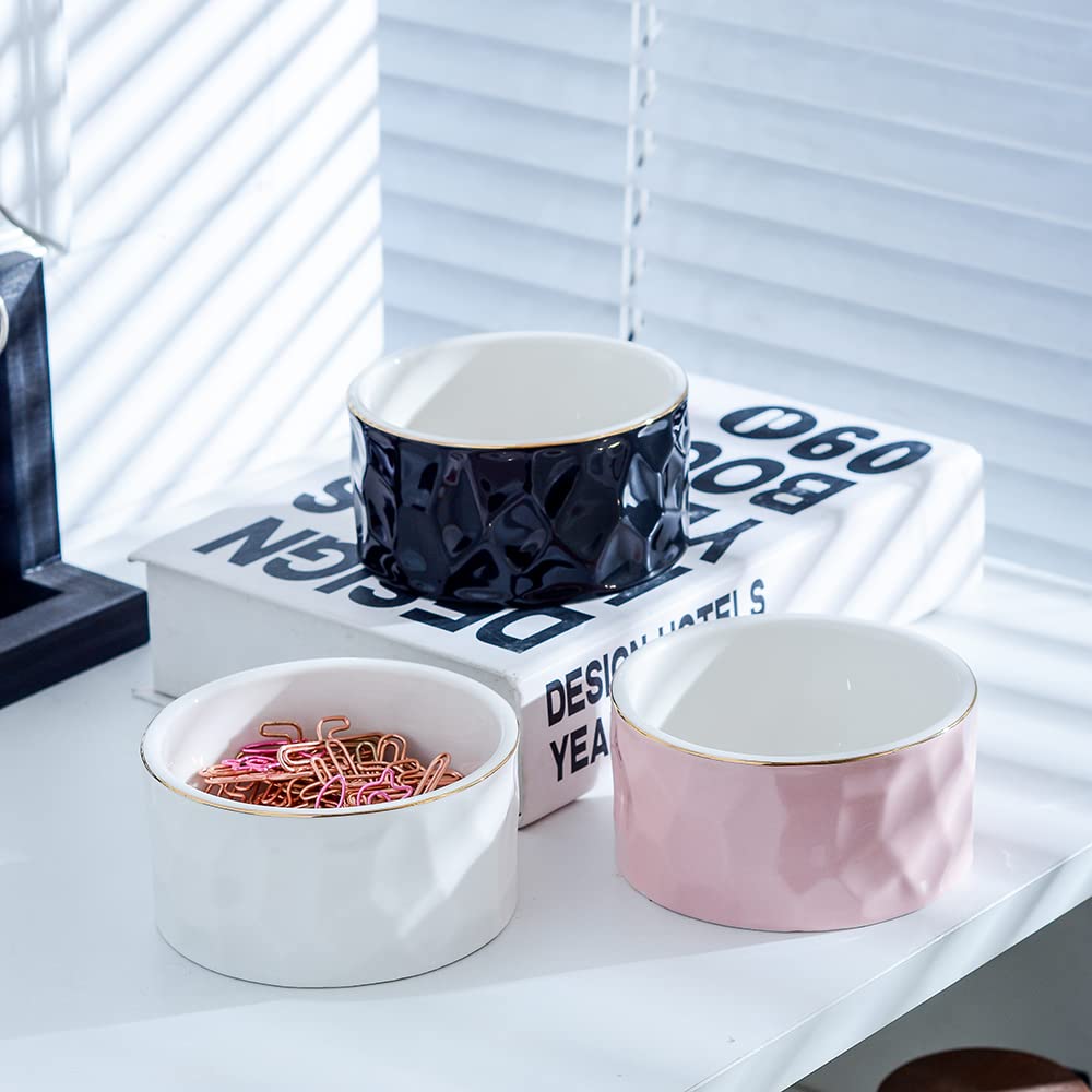 Ceramic Paper Clip Holder - Round Desk Organizer for Binder Clips with Gold Line Design, Office Supplies Accessories (Black) | Perfect for Office, Home, School & Workspace Organization