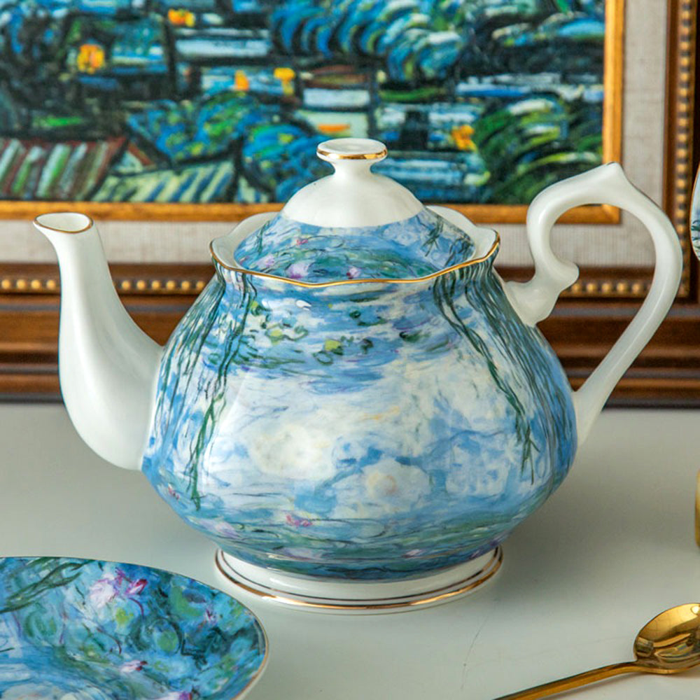 Monet Water Lily Bone China Tea Set - Elegant Floral Porcelain Tea Cups & Saucers for Afternoon Tea, Bridal Shower, and Home Decor