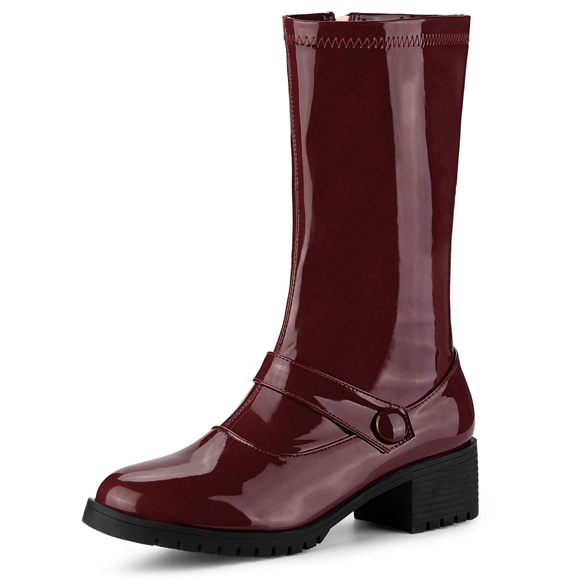 Allegra K Women's Mid Calf Boots with Chunky Heels - Patent Leather Go Go Boots for Women - Stylish & Comfortable Fall Winter Fashion Boots for Casual Outings, Office Wear & Night Out