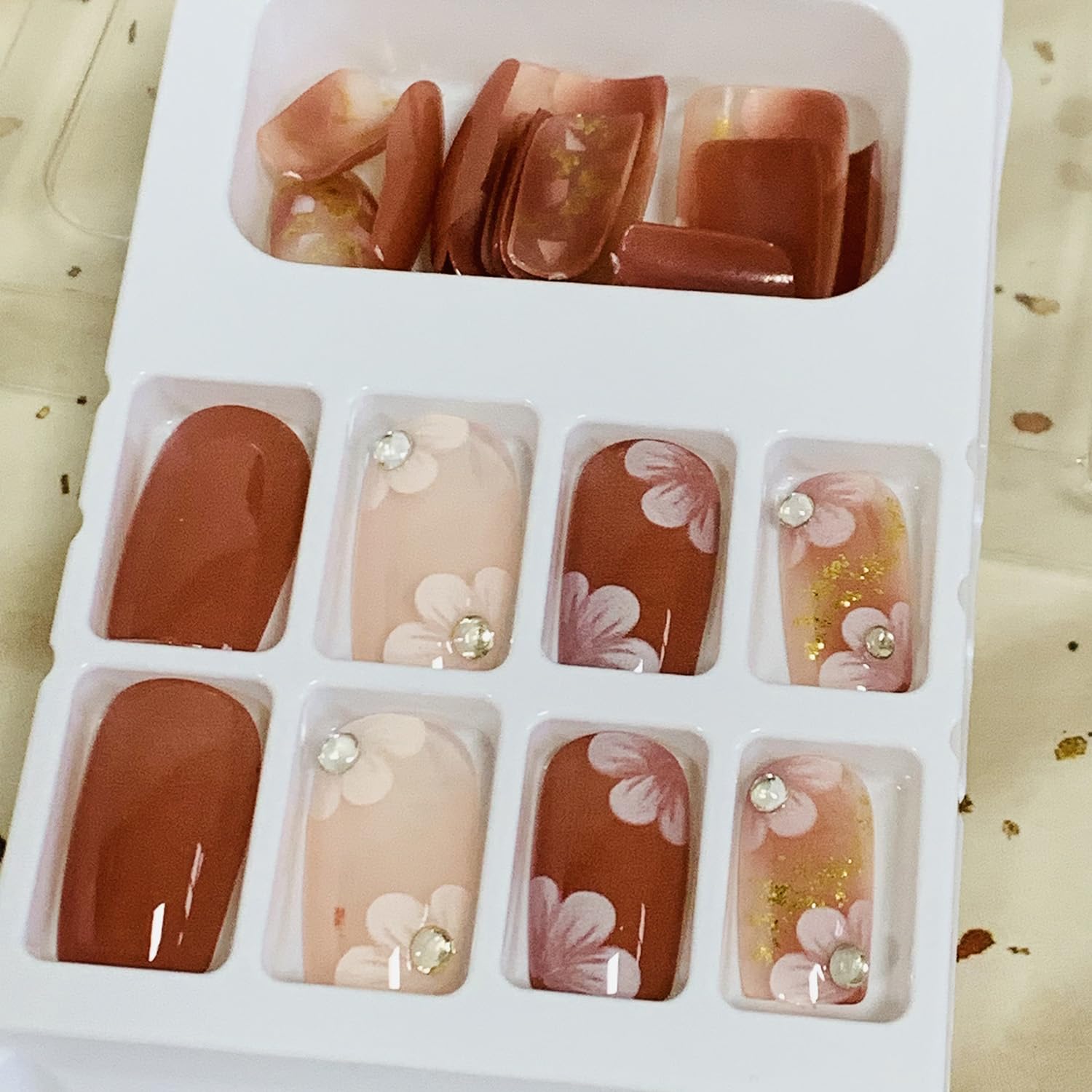 Vezocim 24Pcs Medium Length Square Press on Nails - Glossy Brown Acrylic Fake Nails with Flower & Rhinestone Designs, Full Cover Coffin False Nails with Glue Kit for Women | Perfect for Parties, Weddings, Date Nights & Special Occasions
