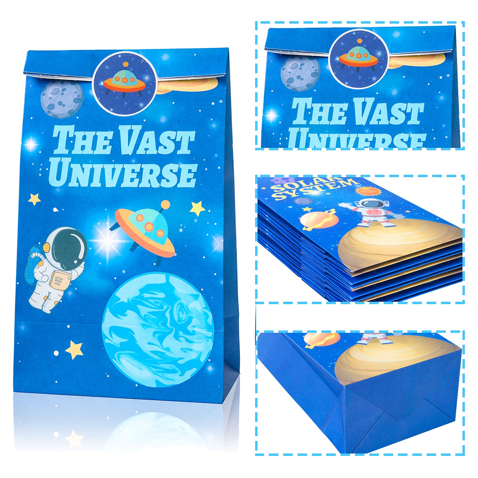 Space Themed Party Favor Bags - 12pcs Astronaut Goodie Bags with Thank You Stickers for Kids Birthday, Space Party Decorations & NASA Themed Events - Perfect for Astronaut Birthday Parties, Classroom Rewards & Outer Space Celebrations