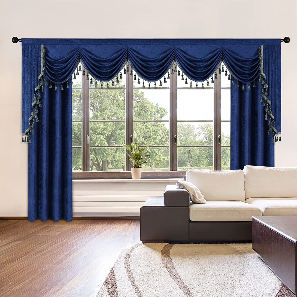 ELKCA Thick Chenille Window Curtain Valance - Royal Blue Waterfall Valance for Living Room & Bedroom - 1 Panel (138
