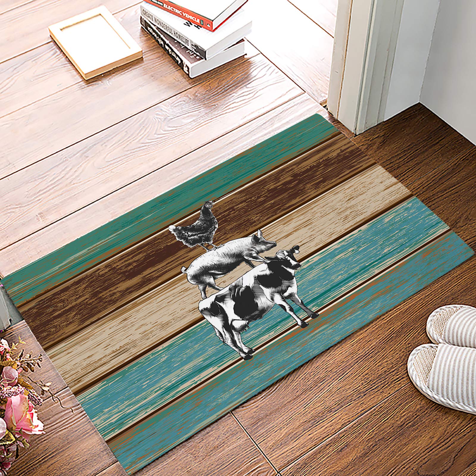 16 x 24 Inch Non-Slip Indoor Doormat - Farmhouse Cow Pig Chicken Design, Anti-Fatigue Kitchen & Bathroom Rug, Retro Teal Wooden Stripes Welcome Mat for Front Door - Perfect for Farmhouse Decor, Entryway Protection & Cozy Home Style