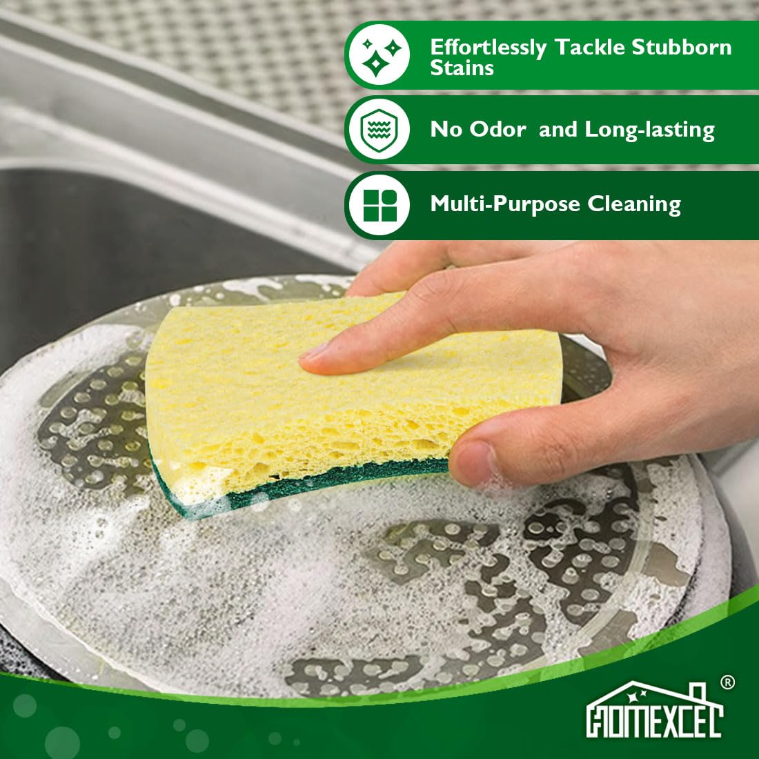 HOMEXCEL Heavy Duty Scrub Sponges 24 Pack - Dual Sided Cellulose Kitchen Sponges for Washing Dishes, Pots & Pans - Effective Cleaning Sponges for Kitchen, Sink & Countertop - Dish Sponges for Daily Cleaning & Tough Stains