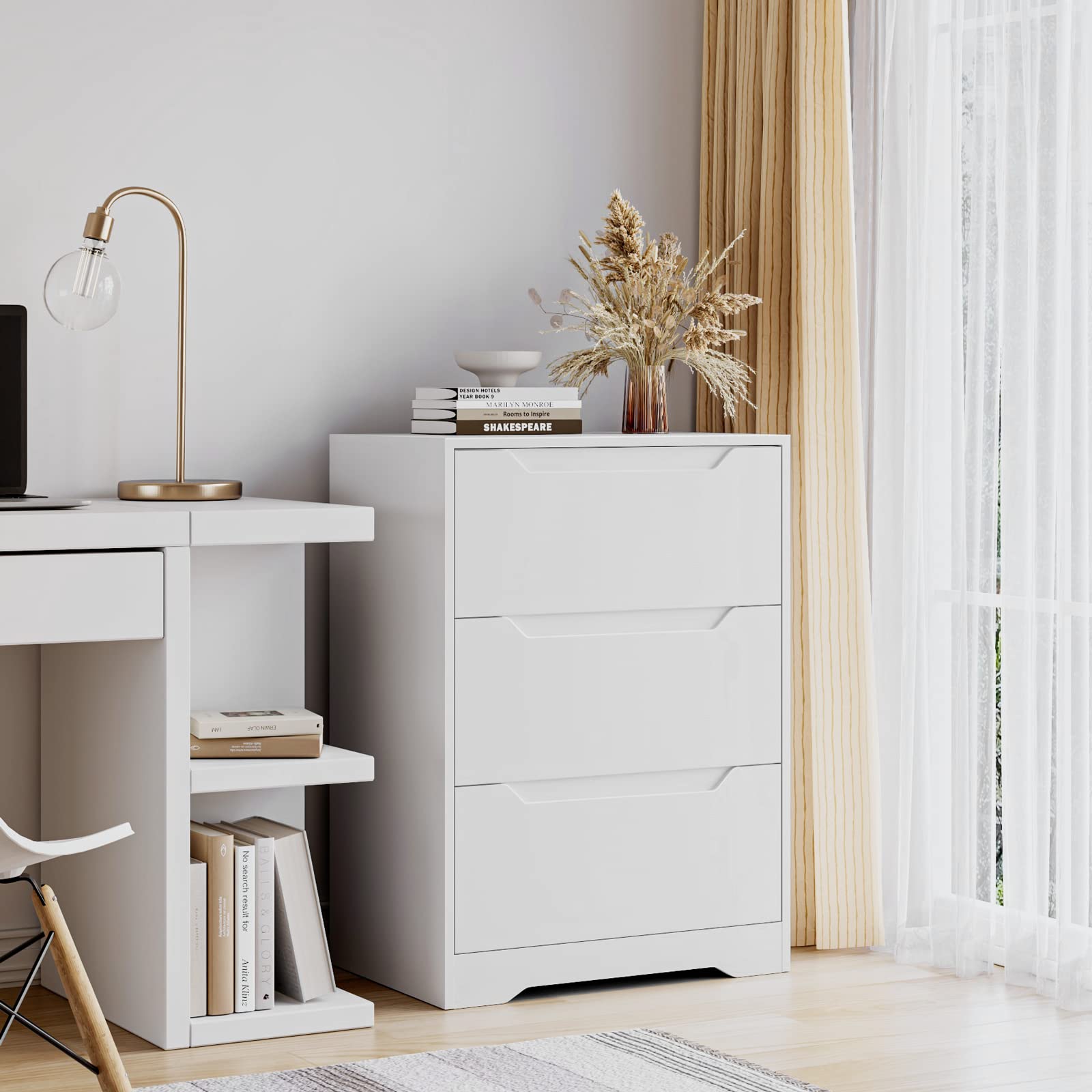 HOSTACK Modern 3-Drawer White Dresser - Wooden Storage Chest with Cut-Out Handles, Tall Nightstand & Accent Cabinet for Bedroom, Living Room, Entryway - Space-Saving Furniture for Small Apartments & Dorm Rooms