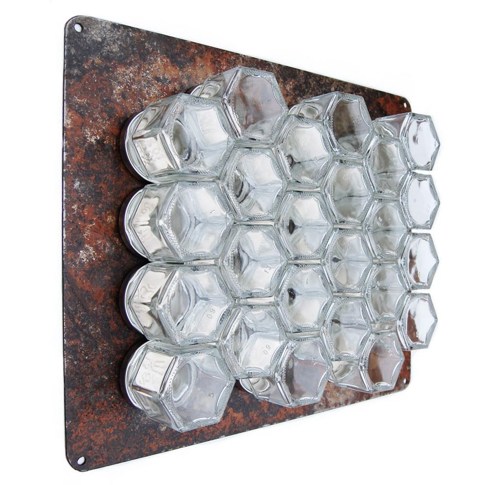 Magnetic Spice Rack with 24 Small Jars & Silver Lids - Rustic 10x12 DIY Wall Mount Spice Organizer for Kitchen, Pantry, or RV Storage - Perfect for Home Chefs & Space Saving Solutions