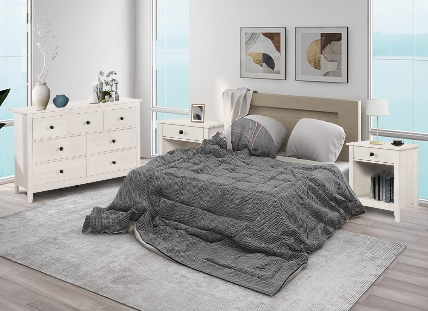 LTMEUTY 3-Piece Farmhouse Bedroom Set - White Oak Wood Grain Dresser & Nightstands, 7-Drawer Storage Dresser with Matching Nightstands for Master Bedroom, Guest Room or Nursery | Rustic Bedroom Furniture Collection