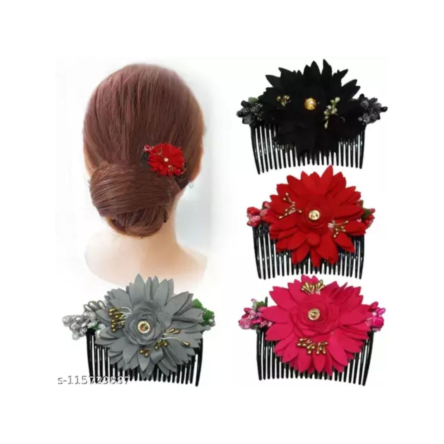 DN Creation Set of 4 Floral Side Clip Comb Hair Pins - Bridal & Girls Hair Accessories in Assorted Colors - Perfect for Weddings, Prom, Parties & Everyday Wear
