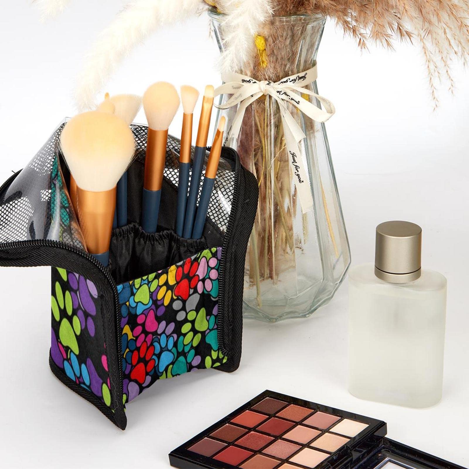 Premium 12-Piece Makeup Brush Organizer Bag with Colored Paw Print - Portable Travel Makeup Brush Holder Case for Professional Artists & Beauty Enthusiasts - Perfect for Home, Travel, and Salon Use