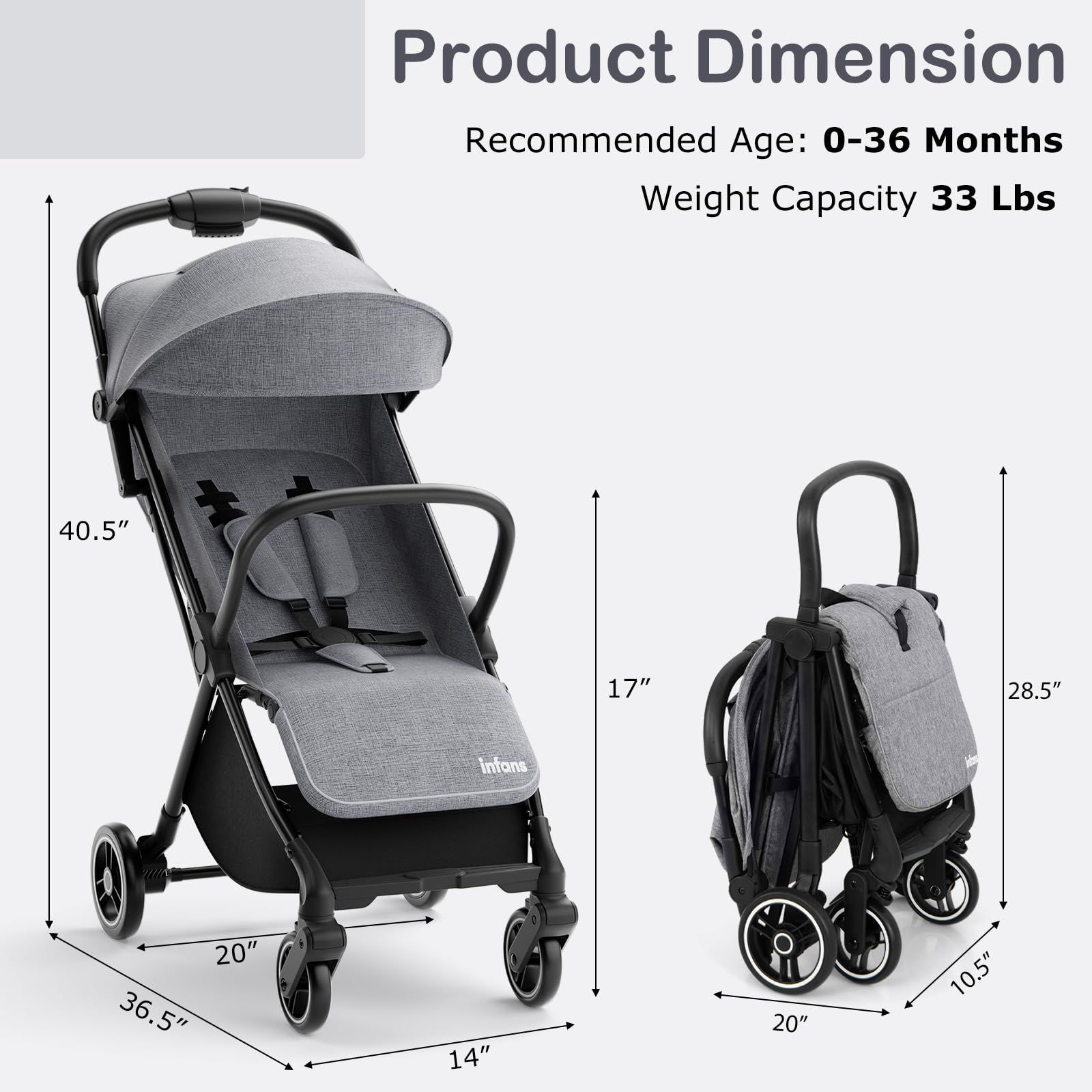 INFANS Lightweight Baby Stroller - Compact Fold Travel Stroller for Airplane, One-Hand Gravity Fold with Near Flat Recline, Foldable Toddler Stroller for Infants 0-36 Months - Perfect for Travel, Shopping & Daily Walks