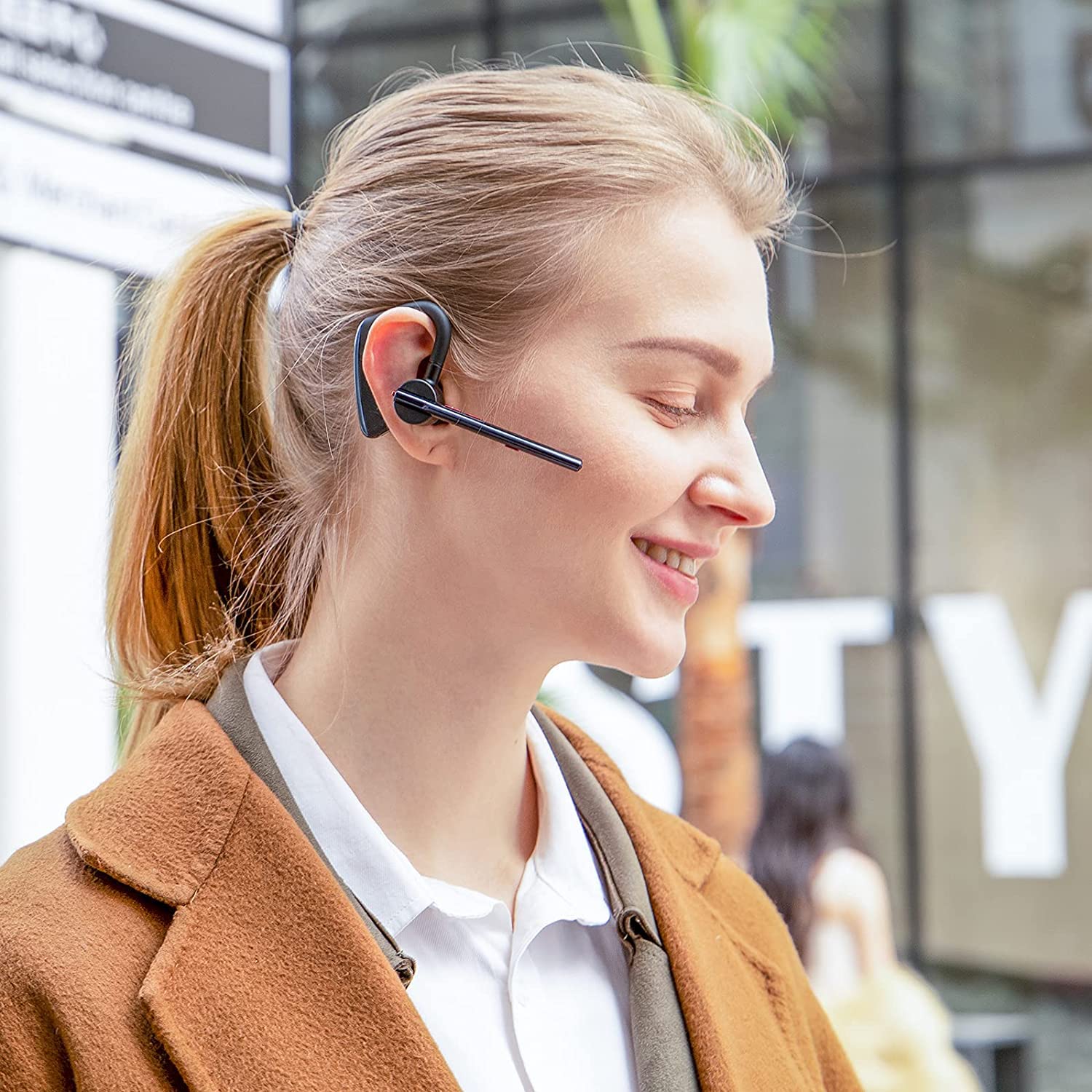 New Bee Bluetooth Headset - 24Hrs Talktime, CVC8.0 Noise Cancelling, Dual Mic, Bluetooth 5.2 Wireless Earpiece for iPhone/Android Phones - Perfect for Driving, Business Calls & Office Use (Blue)